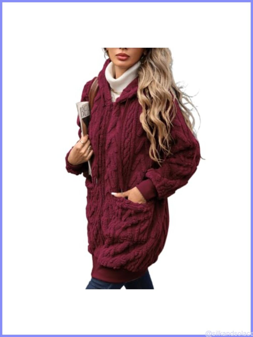 Sherpa Fleece Zip-Up Hoodie Jacket Mid-Long Loose Fit Pockets
